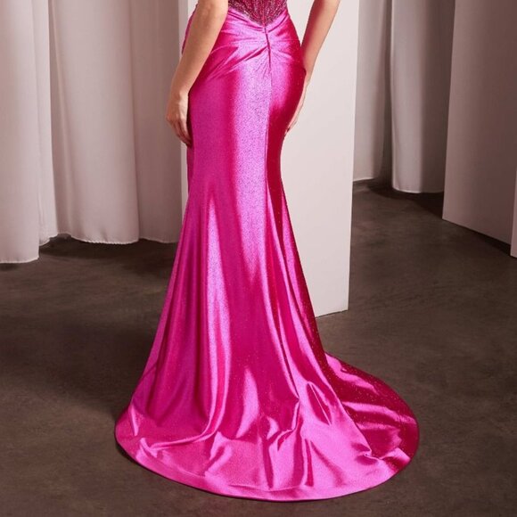 NEW FORMAL SLEEVELESS SHEATH PEARLS EMBELLISHED PROM GOWN W/ SHEER BODICE CC0238 - Picture 7 of 10